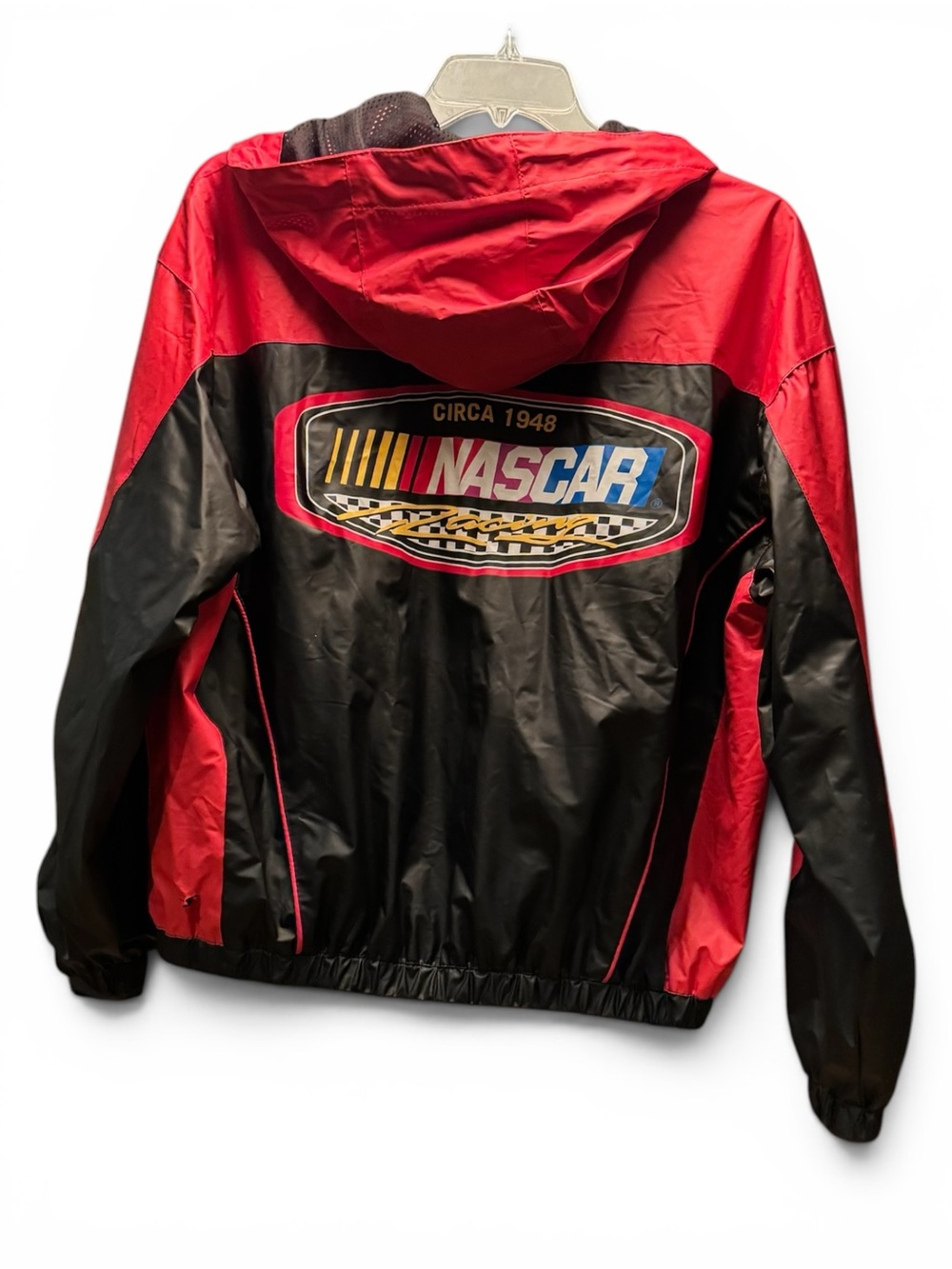 Vintage Essex NASCAR Racing Rain Jacket Mens L Red Black Hooded Full Zip 90s